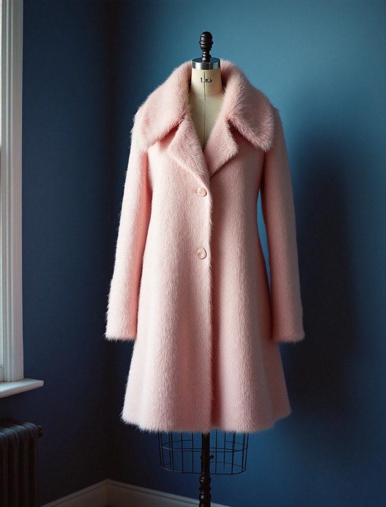 A pale pink mohair swing coat on a wooden dress form against a blue wall.