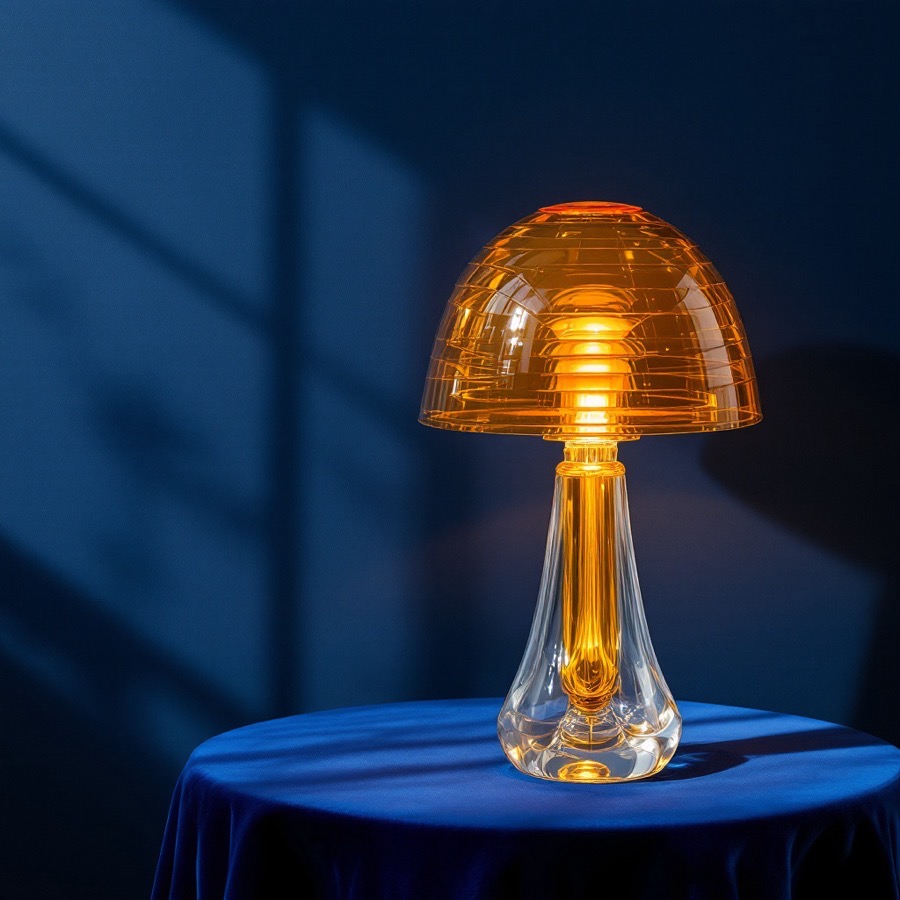 An amber Murano glass table lamp glowing against a blue wall.