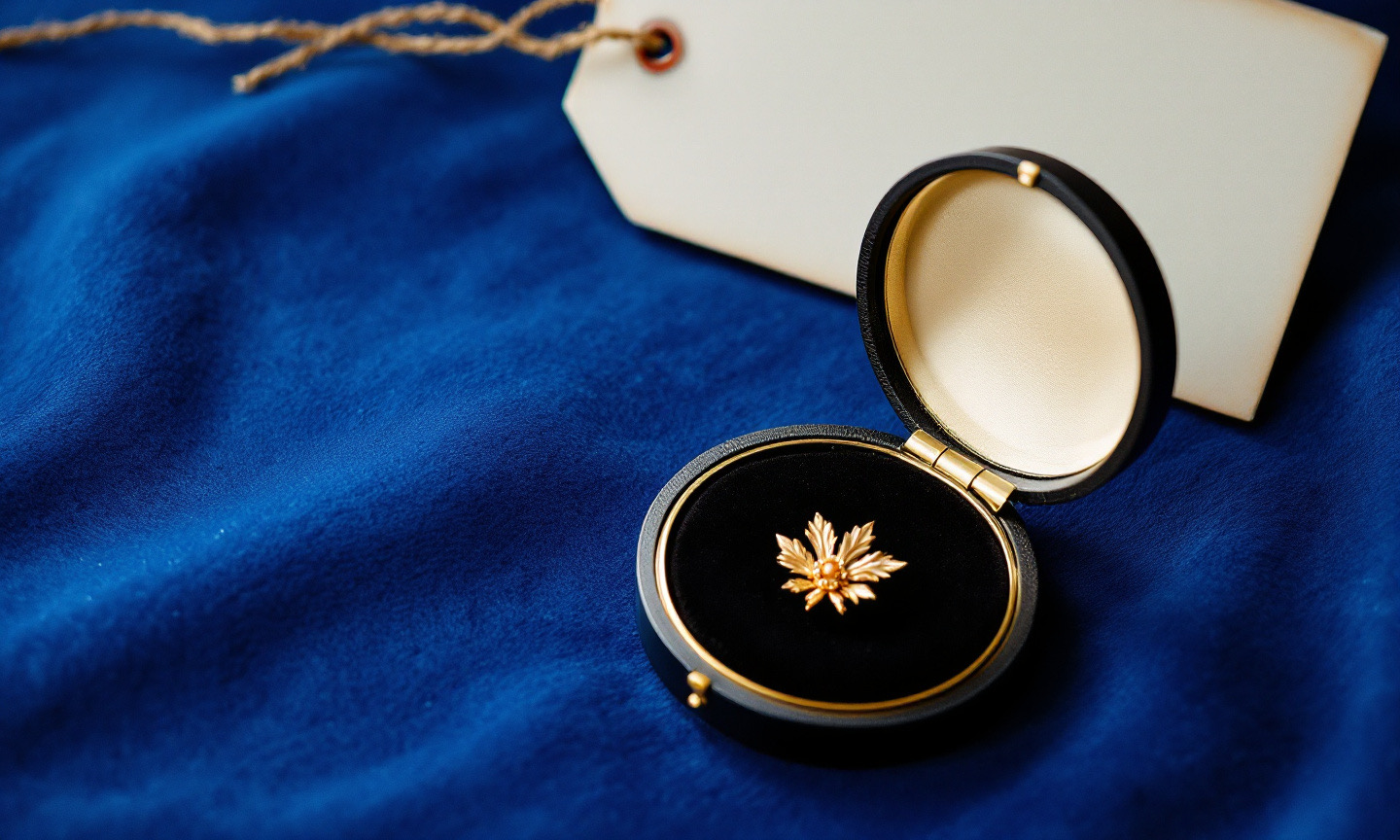 A small gilt leaf brooch in its open case on blue velvet, beside a blank paper tag.