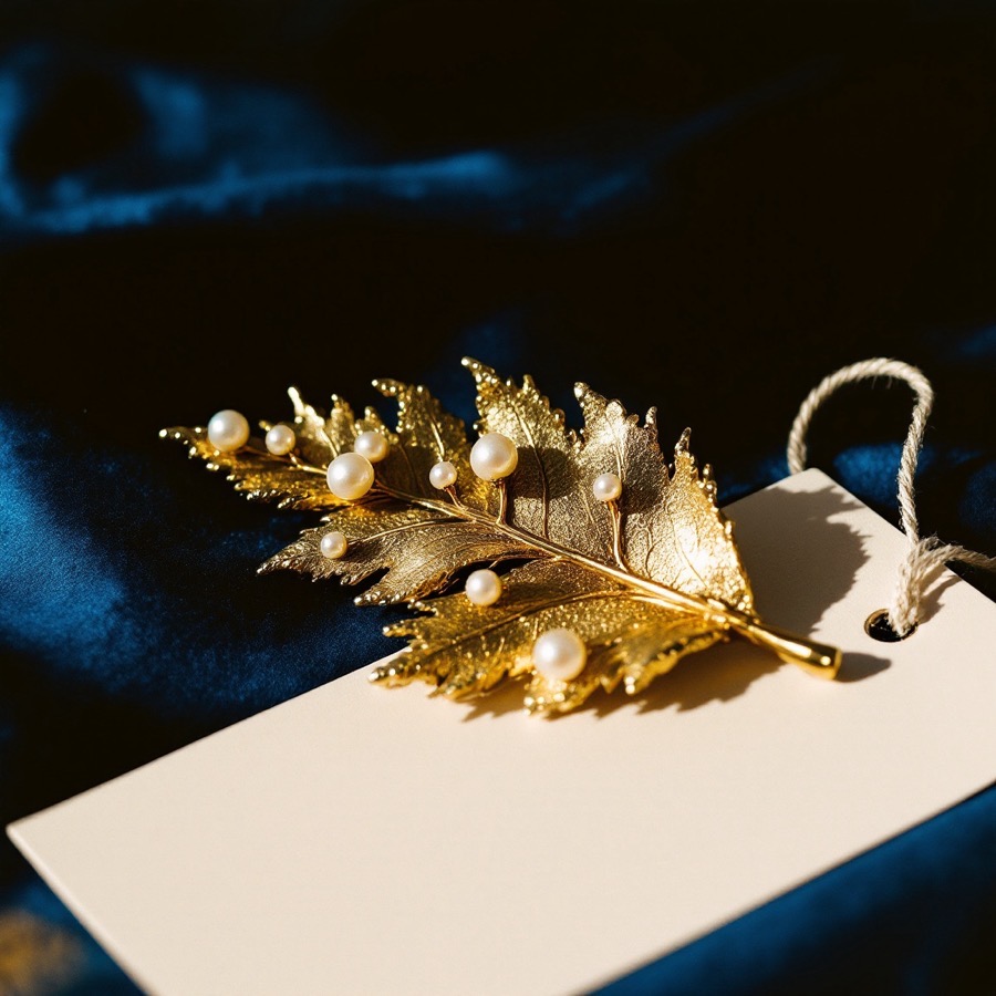 A gold-tone leaf brooch with small faux pearls, lying on a blank paper tag on blue velvet.