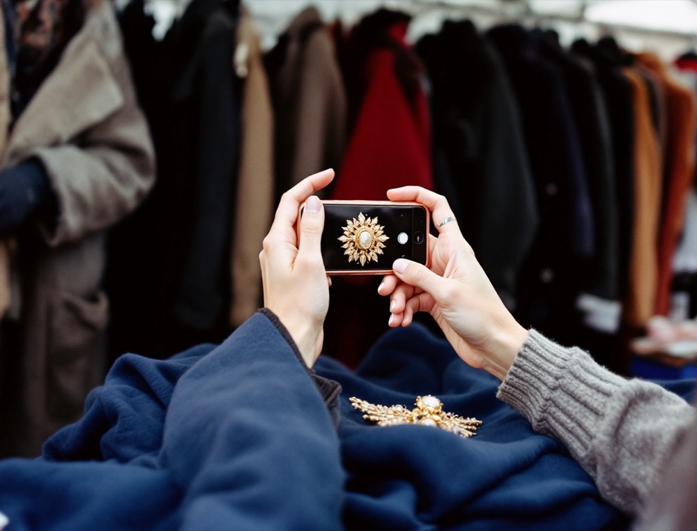 Hands photographing a gilt brooch with a phone on a folded blue blanket at a market stall.