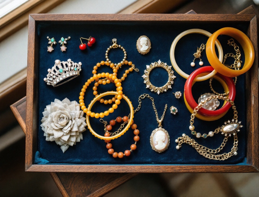 A dealer's tray lined with blue velvet, holding a crown brooch, bakelite bangles, a cameo and a pearl necklace.